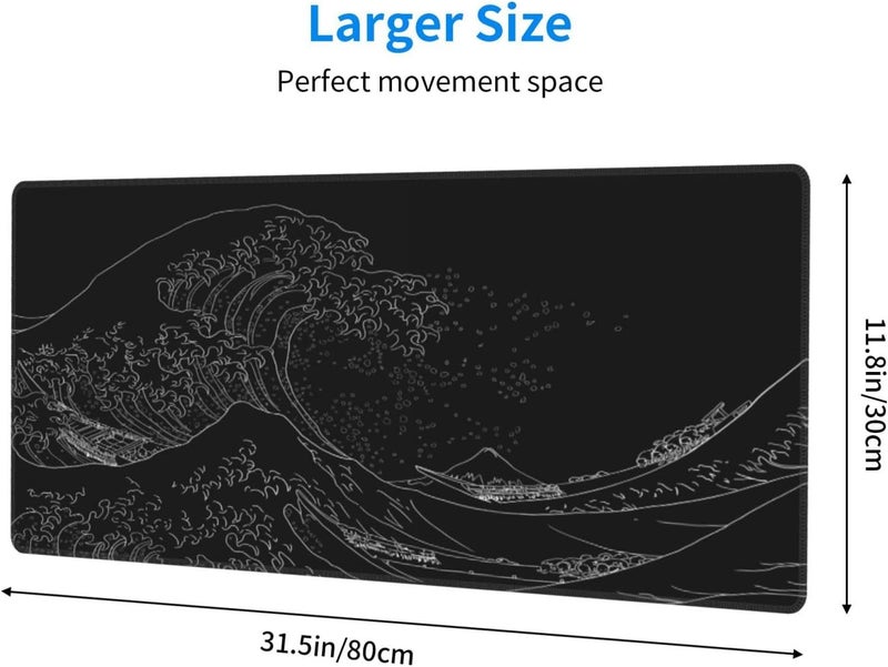 Brecoy Japanese Sea Wave Large Mouse Pad, Anime Black Gaming, Extended Kanagawa Mat Desk Pad, 3mm Thick Long Non-Slip Rubber Base Mice Pad, 31.5 X 11.8 Inch - Image 2